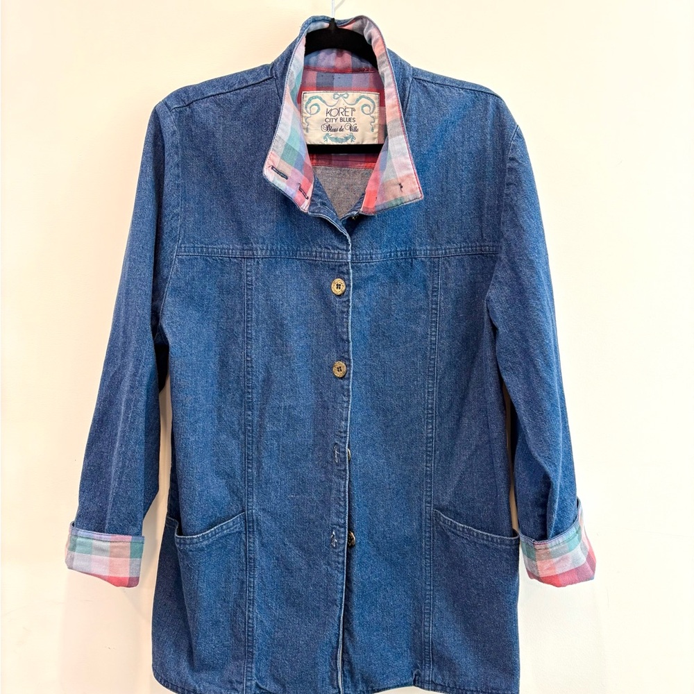 Vintage Blue Denim Jacket with Plaid Collar and cuffs